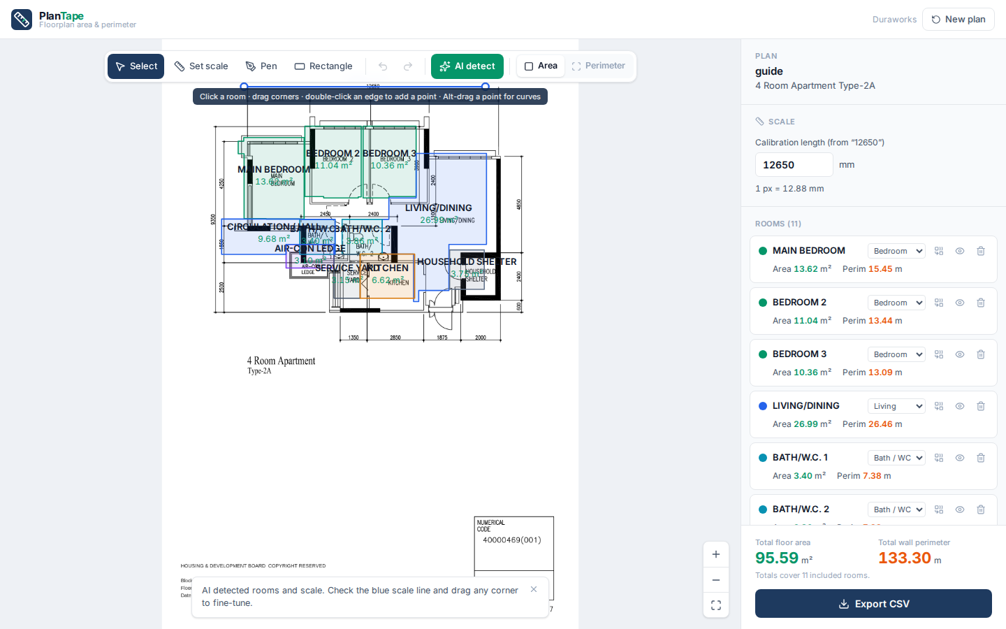 PlanTape after AI detection: an HDB floor plan with every room traced and labelled, areas in the sidebar