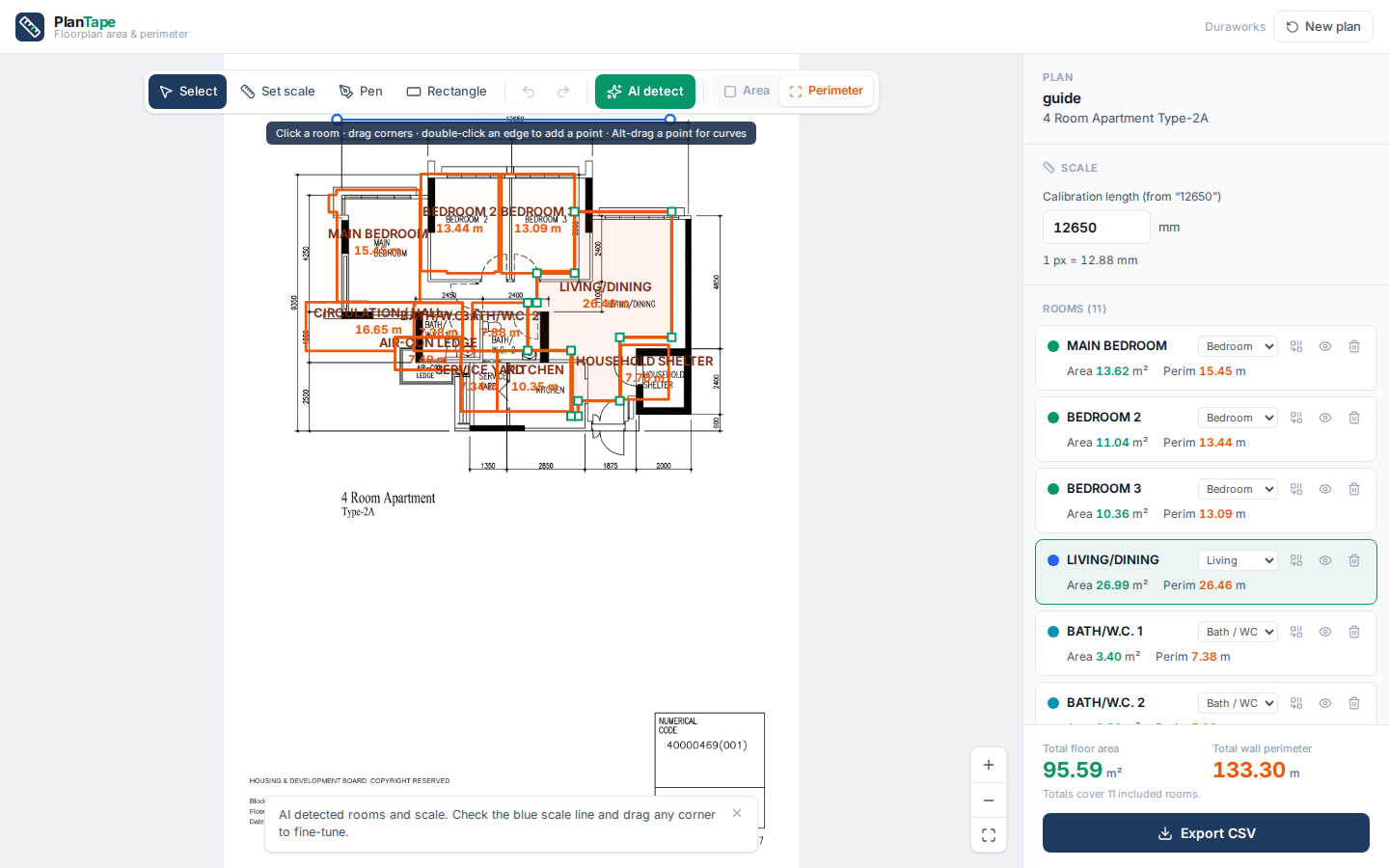Perimeter mode showing internal wall perimeters per room for skirting quotes